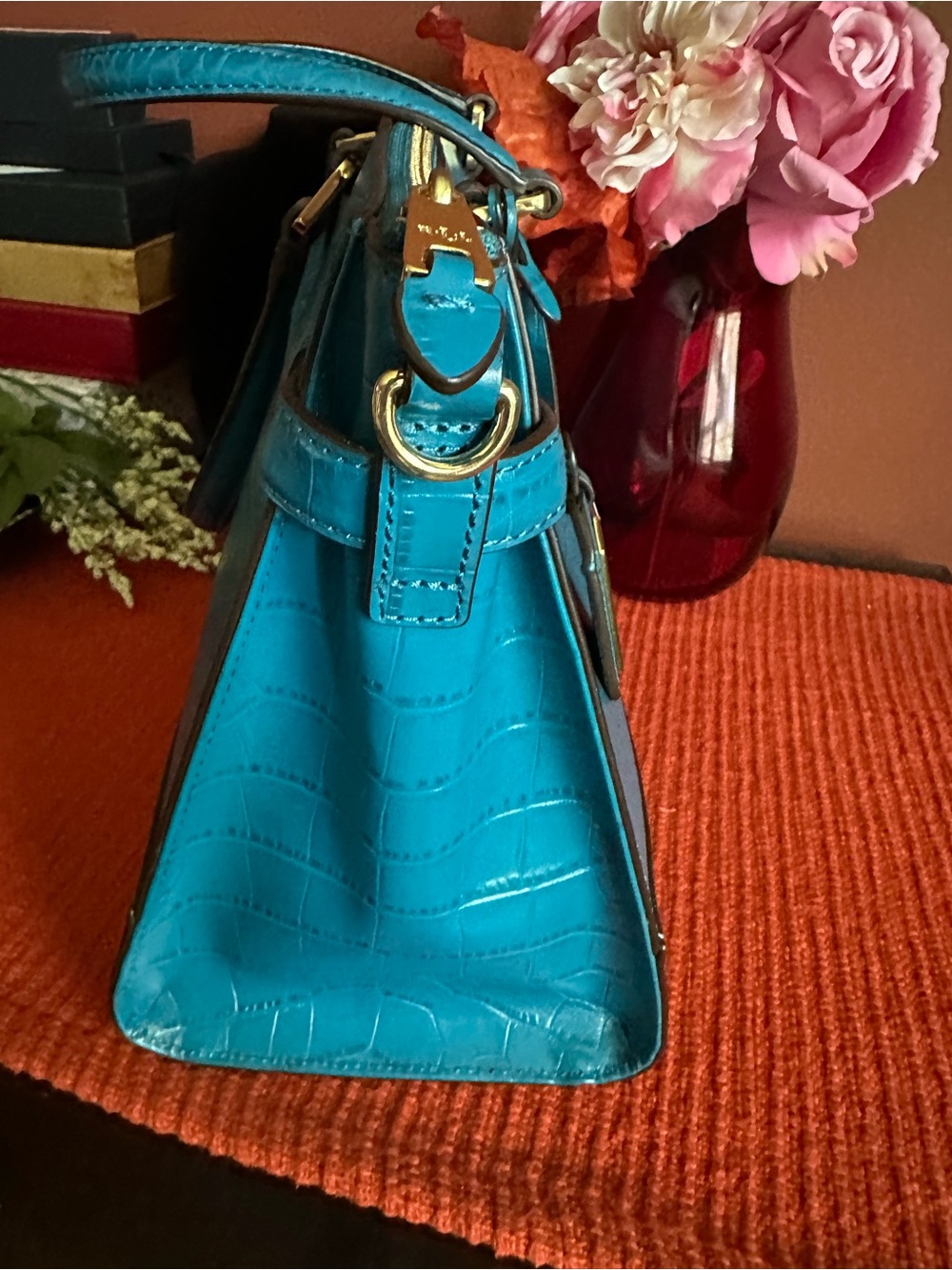 Ralph Lauren Turquoise Croc-Embossed Satchel with Gold Hardware - Picture 5 of 16